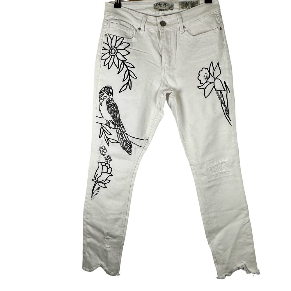 Indigo Rein Wmns White Skinny Raw Hem Ankle Jeans with Black Embroidery Size 11